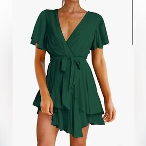 Fall Flowy Green cocktail mini dress with waist tie and ruffle